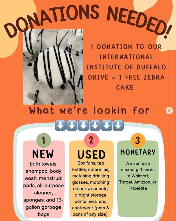 Fid TreFig Tree Patisserie: donations to our home goods / menstrual pad drive = 1 free ZEBRA CAKE (available in v & v/gf